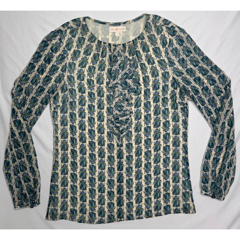 Tory Burch Blue Green Scarab Beetle Print 100% Silk Ruffle Blouse Womens 4